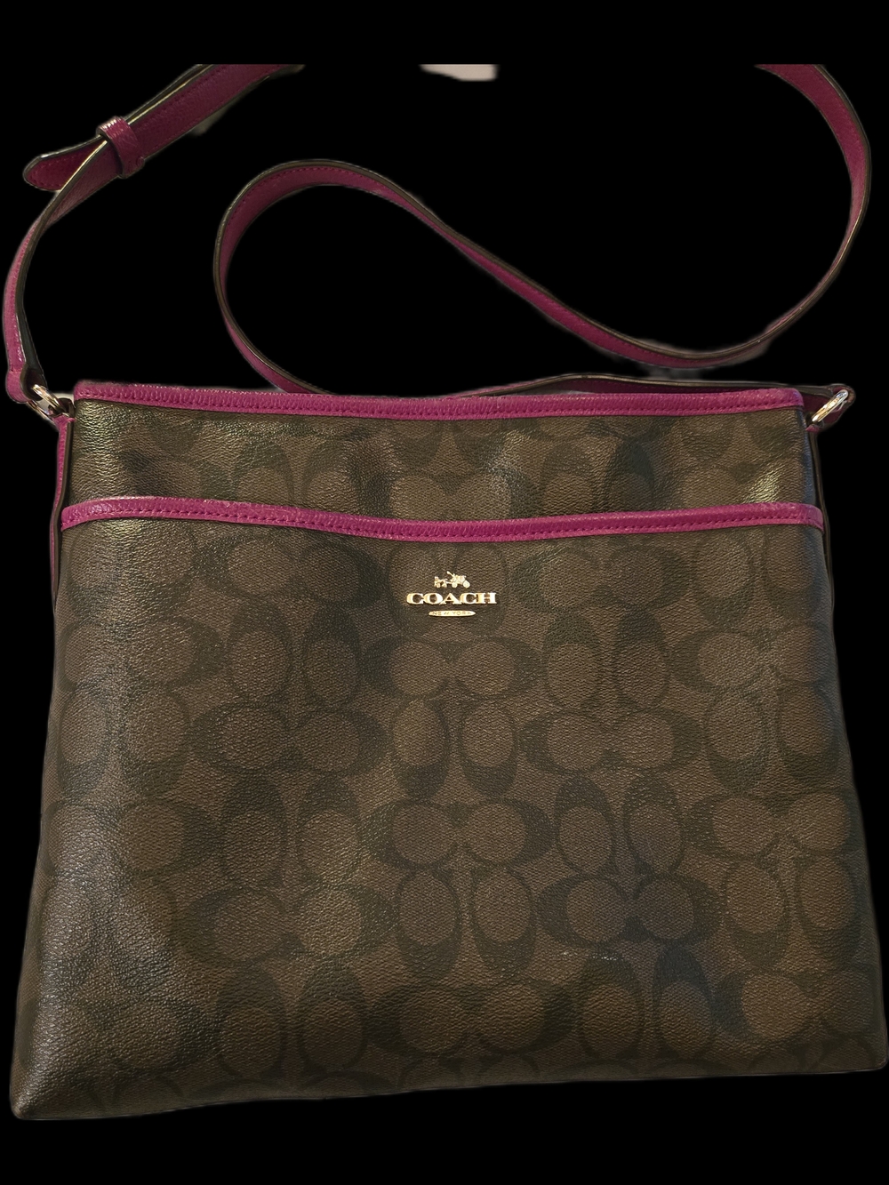 Coach Brown Signature Crossbody with Fuchsia Trim